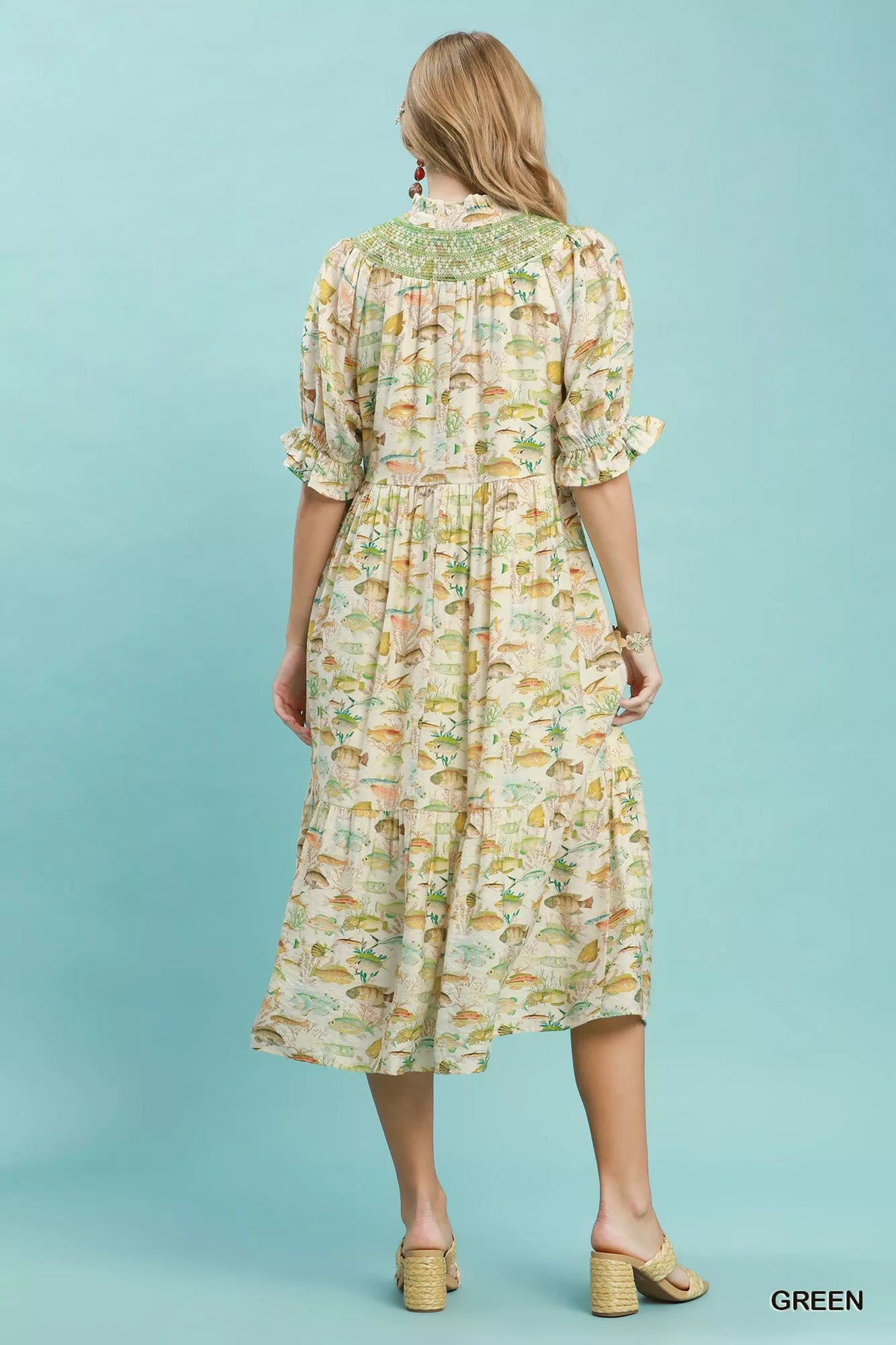 Green printed midi dress side view