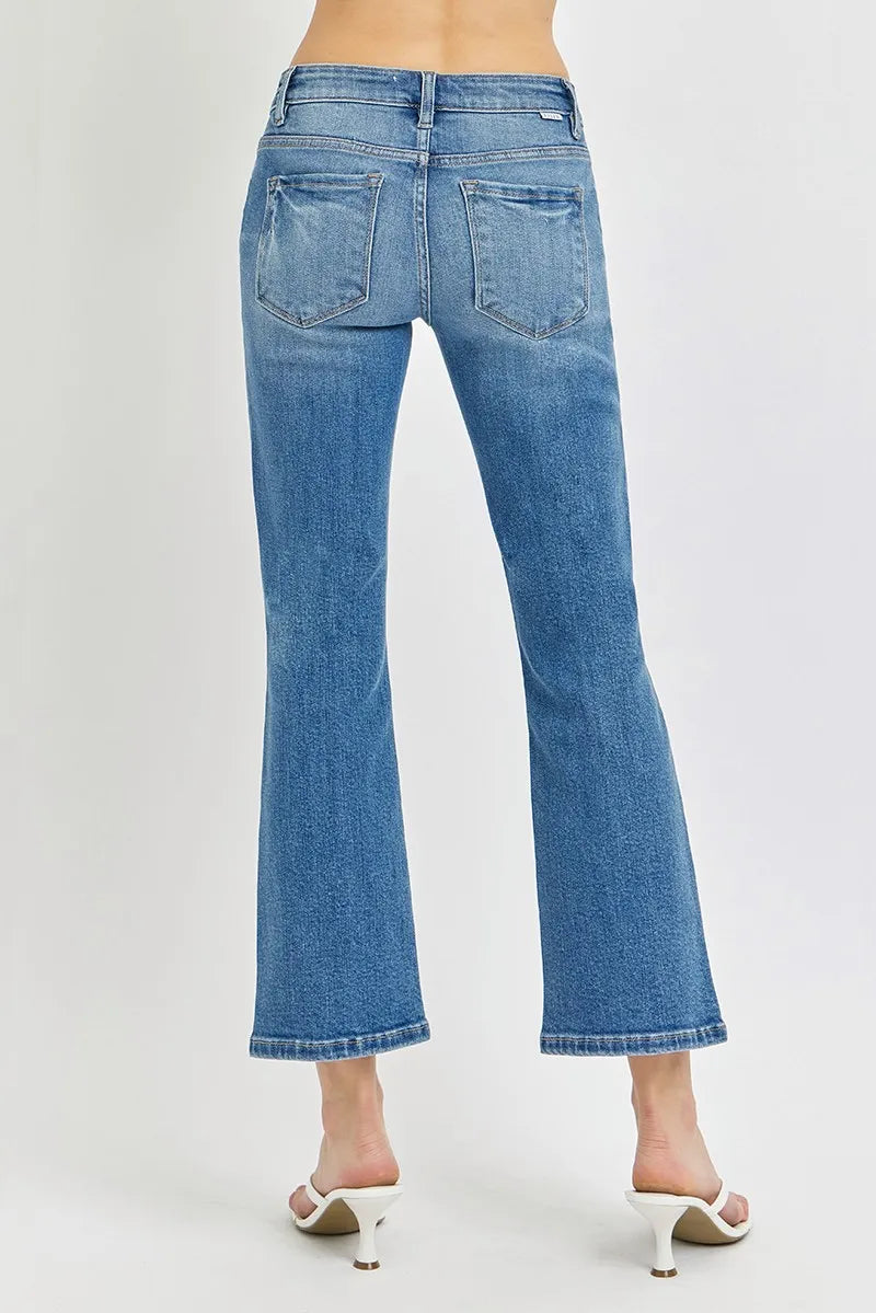RISEN medium wash flare jeans pocket detail