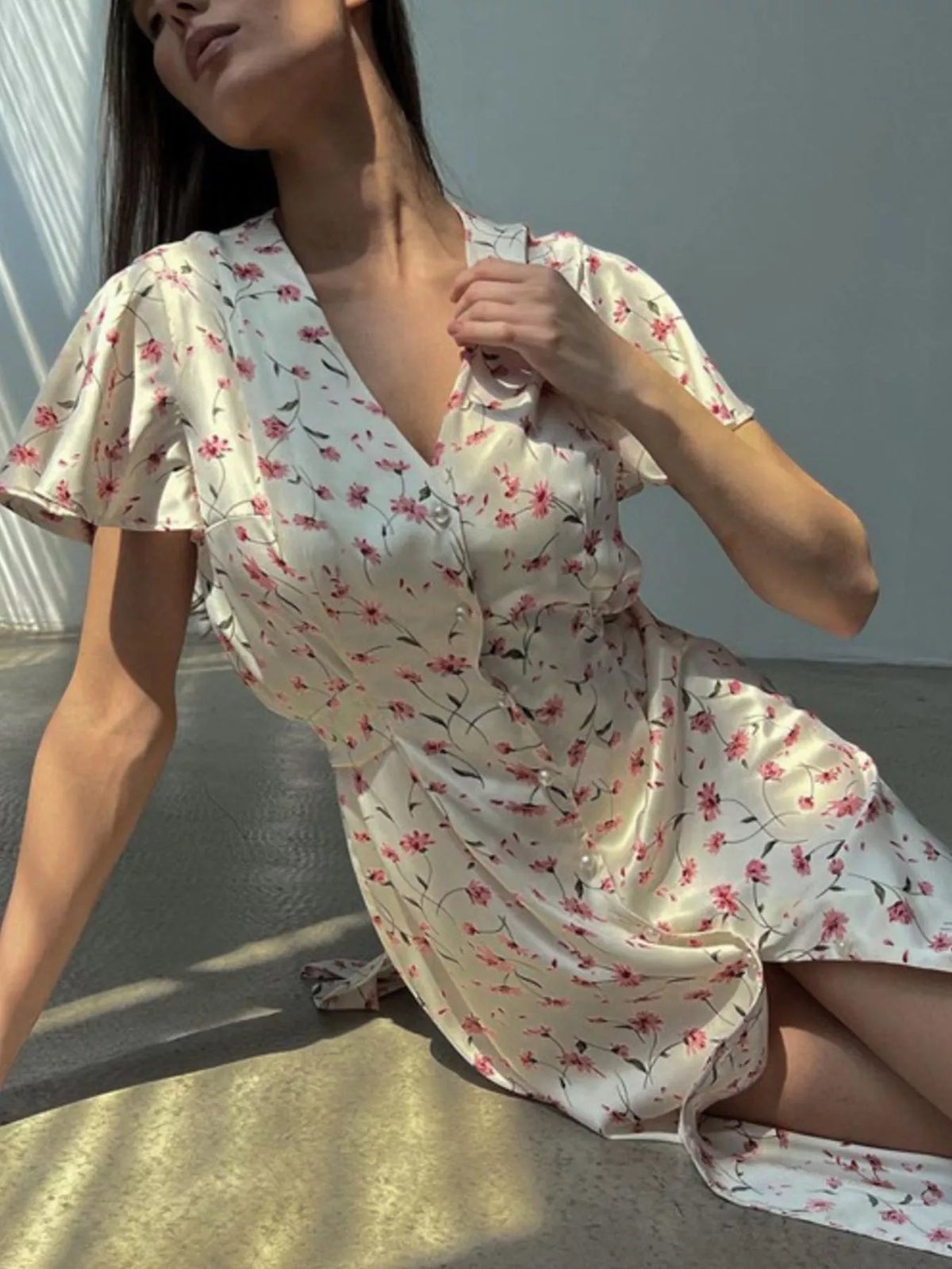 Dusty pink floral dress side view
