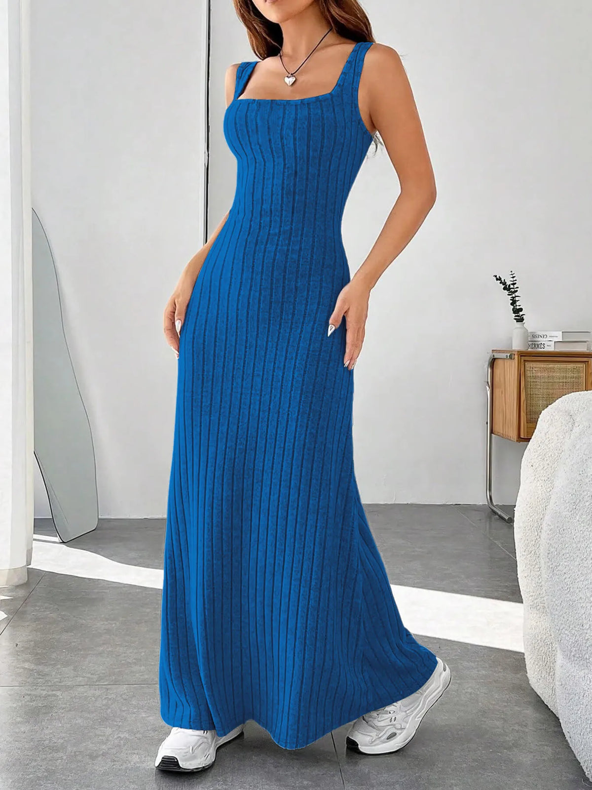 ribbed knit square neck sleeveless maxi dress front view