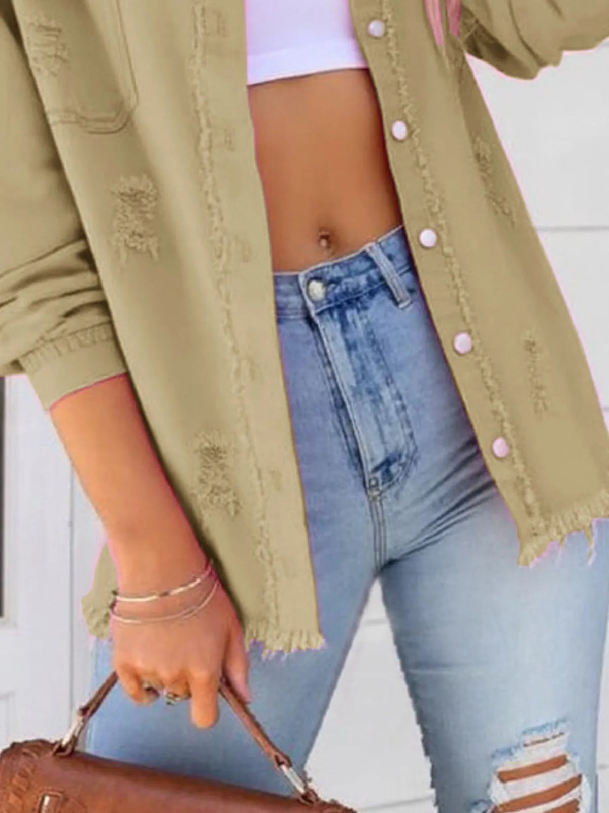 Distressed Frayed Edge Denim Jacket in Camel view 8