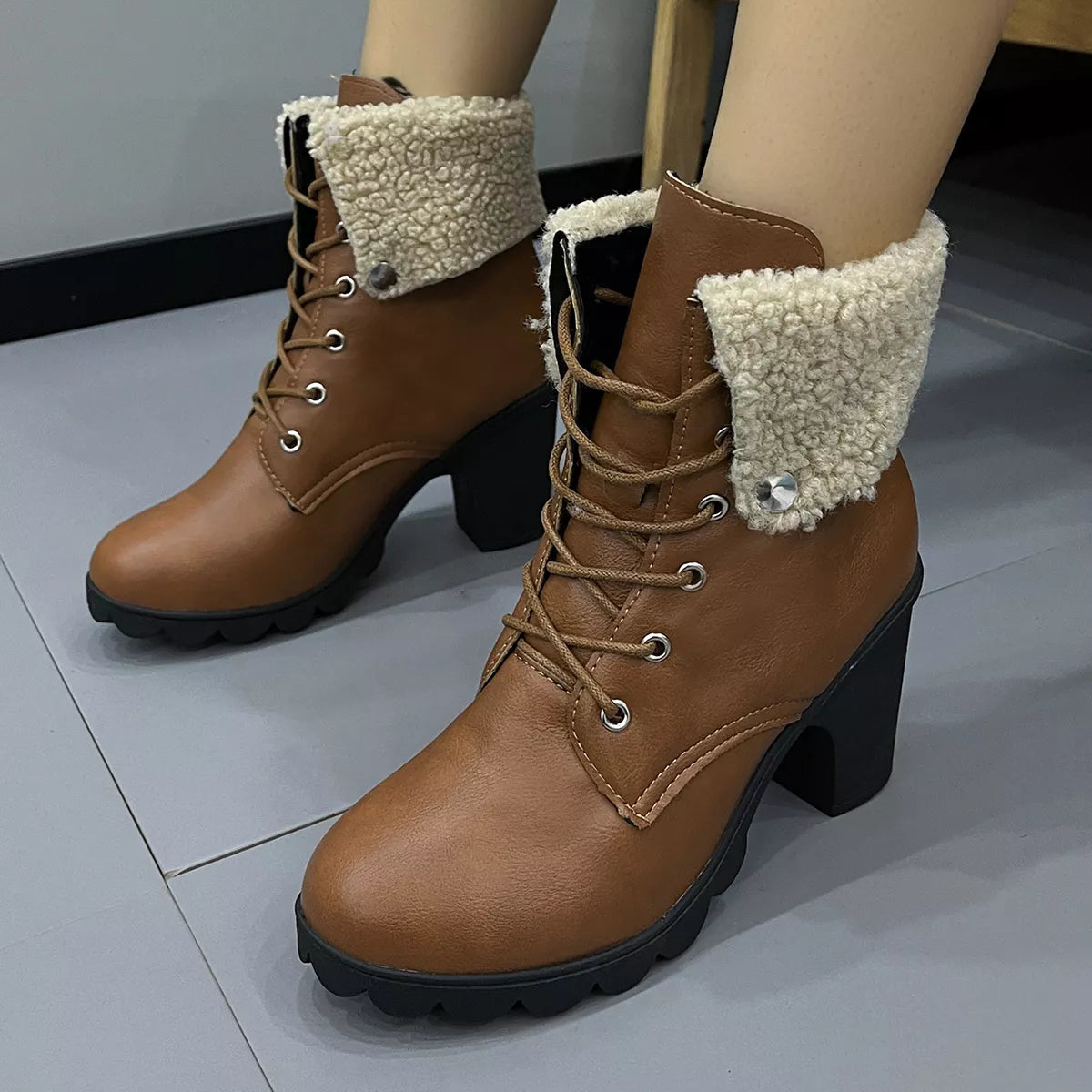 Lace up block heel boots back heel view