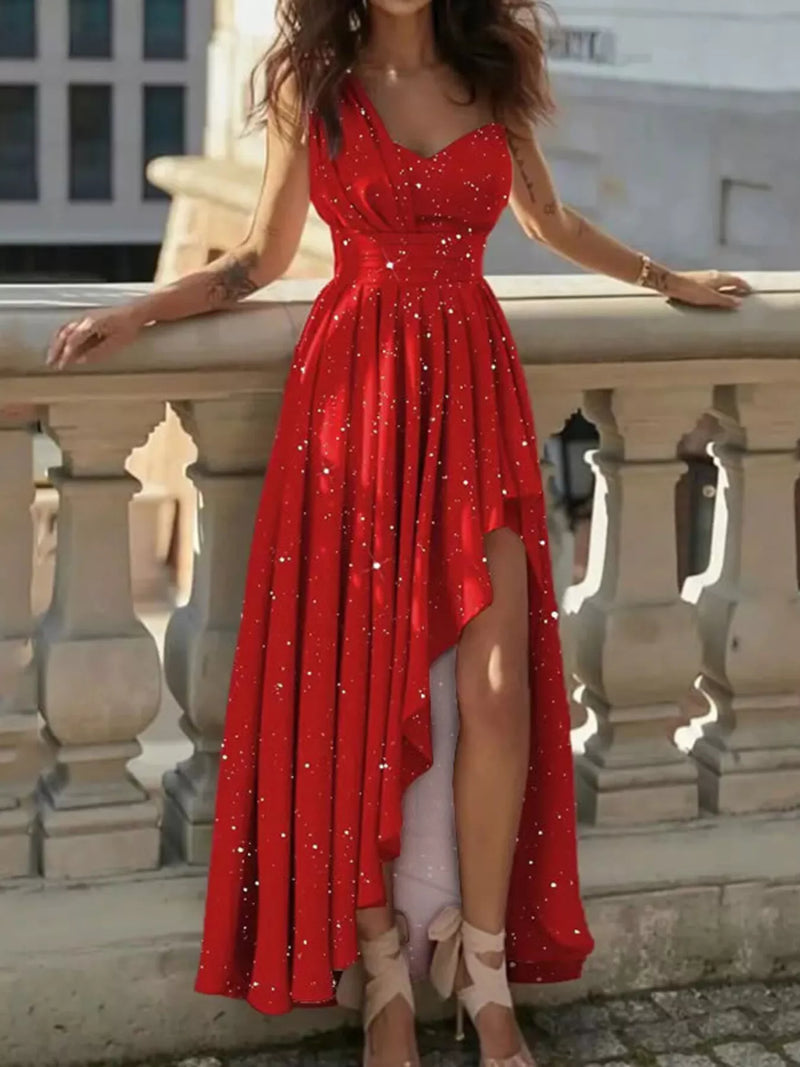 One shoulder asymmetrical hem maxi dress front view