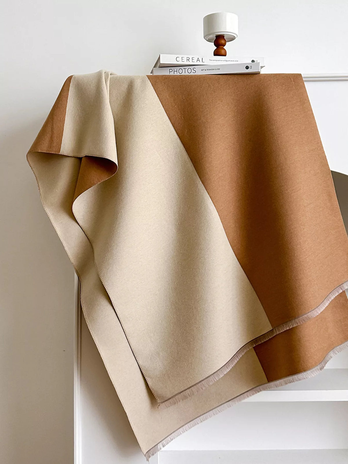 Two-tone raw hem scarf draped detail