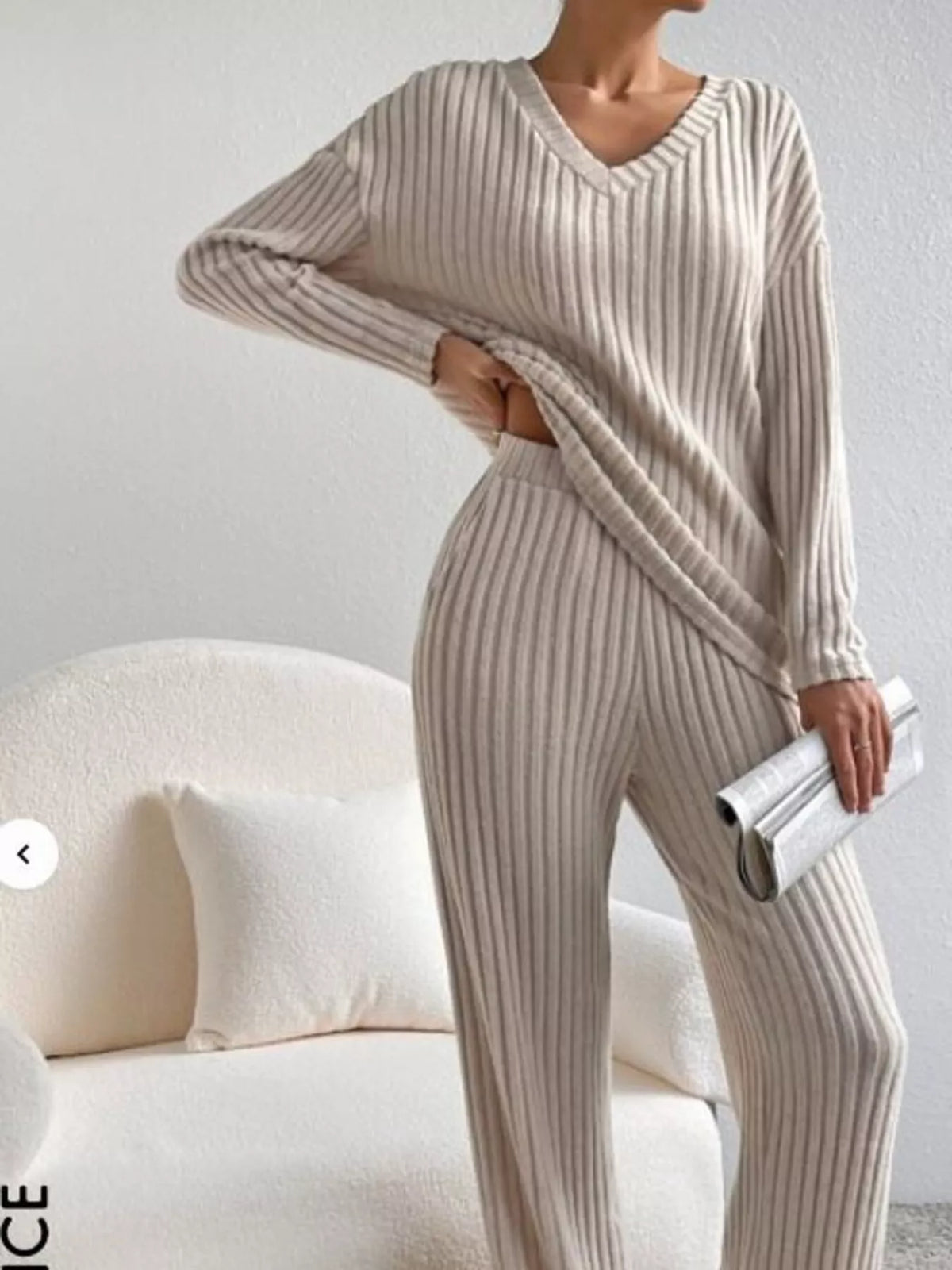 Ribbed knit pants set with pockets detail