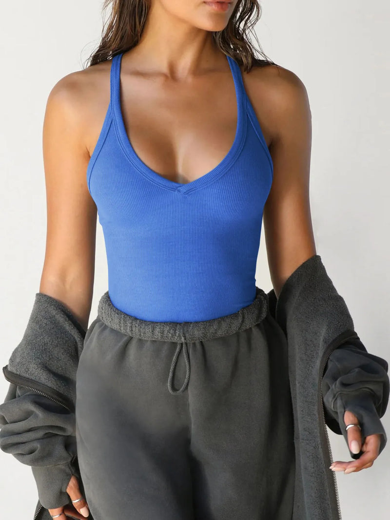 Ribbed V neck halter tank top in blue front view