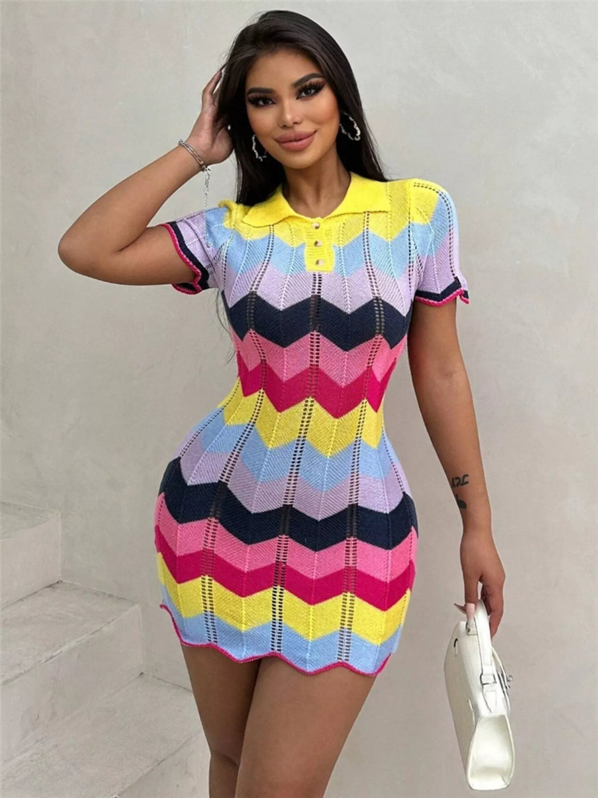 Chevron knit short sleeve sweater dress front view