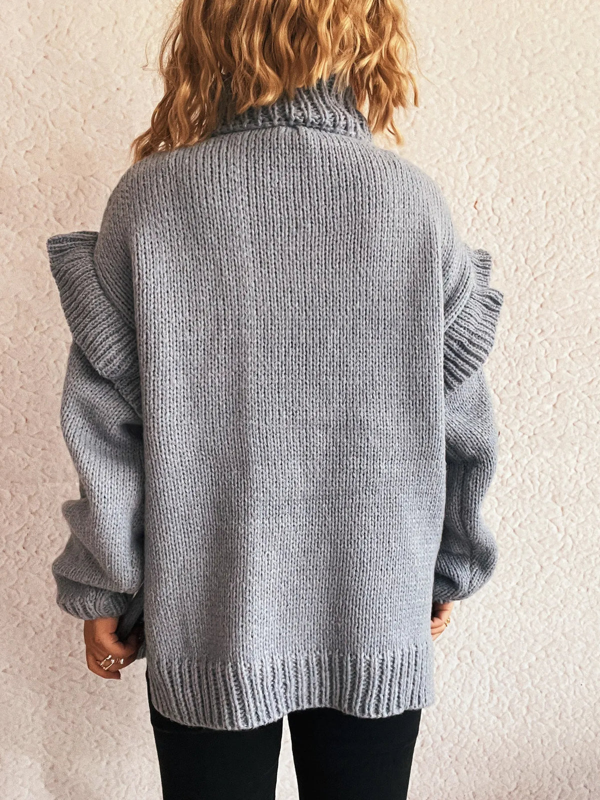 Ruffled turtleneck long sleeve sweater full length view