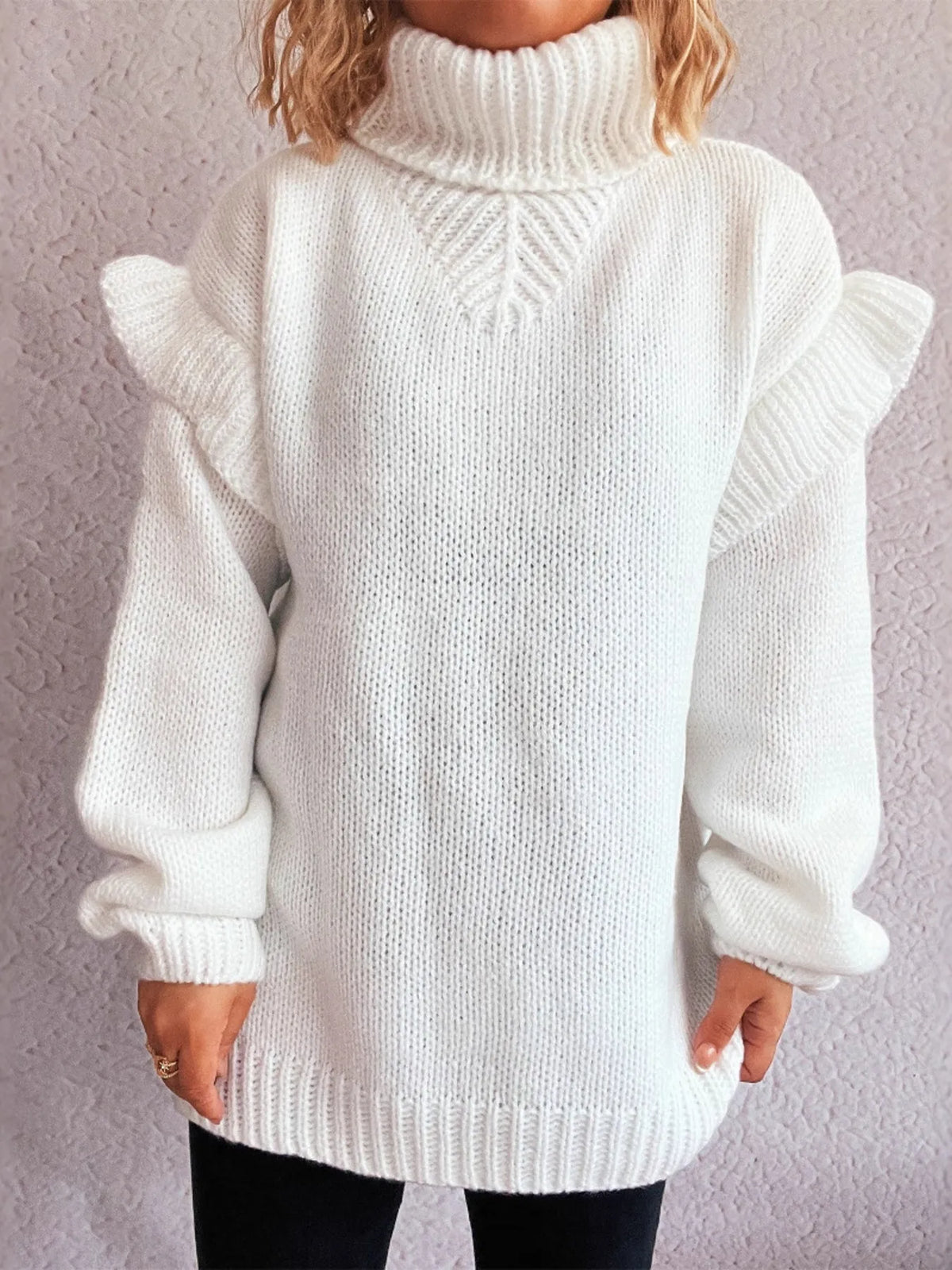 Ruffled turtleneck long sleeve sweater fabric detail