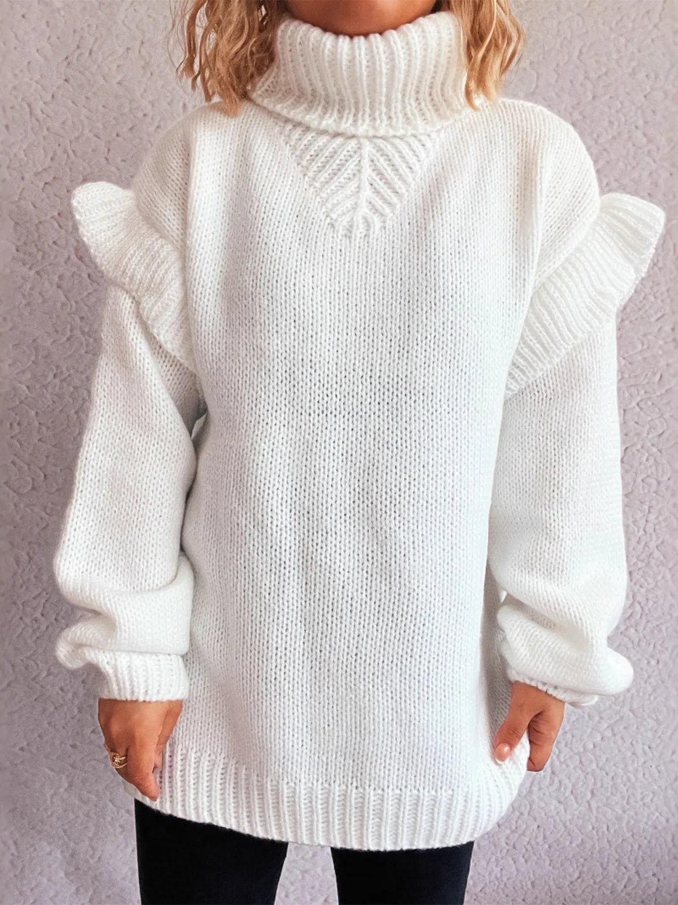 Ruffled Turtleneck Long Sleeve Sweater - Fashorio