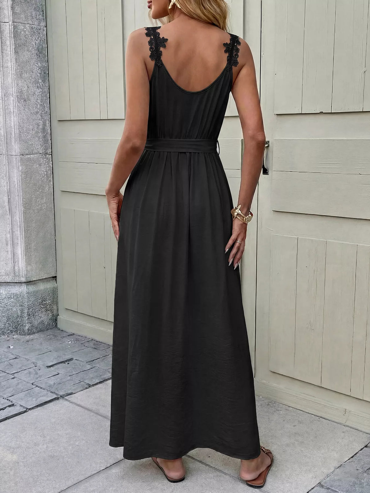 Black lace trim slit maxi dress front view