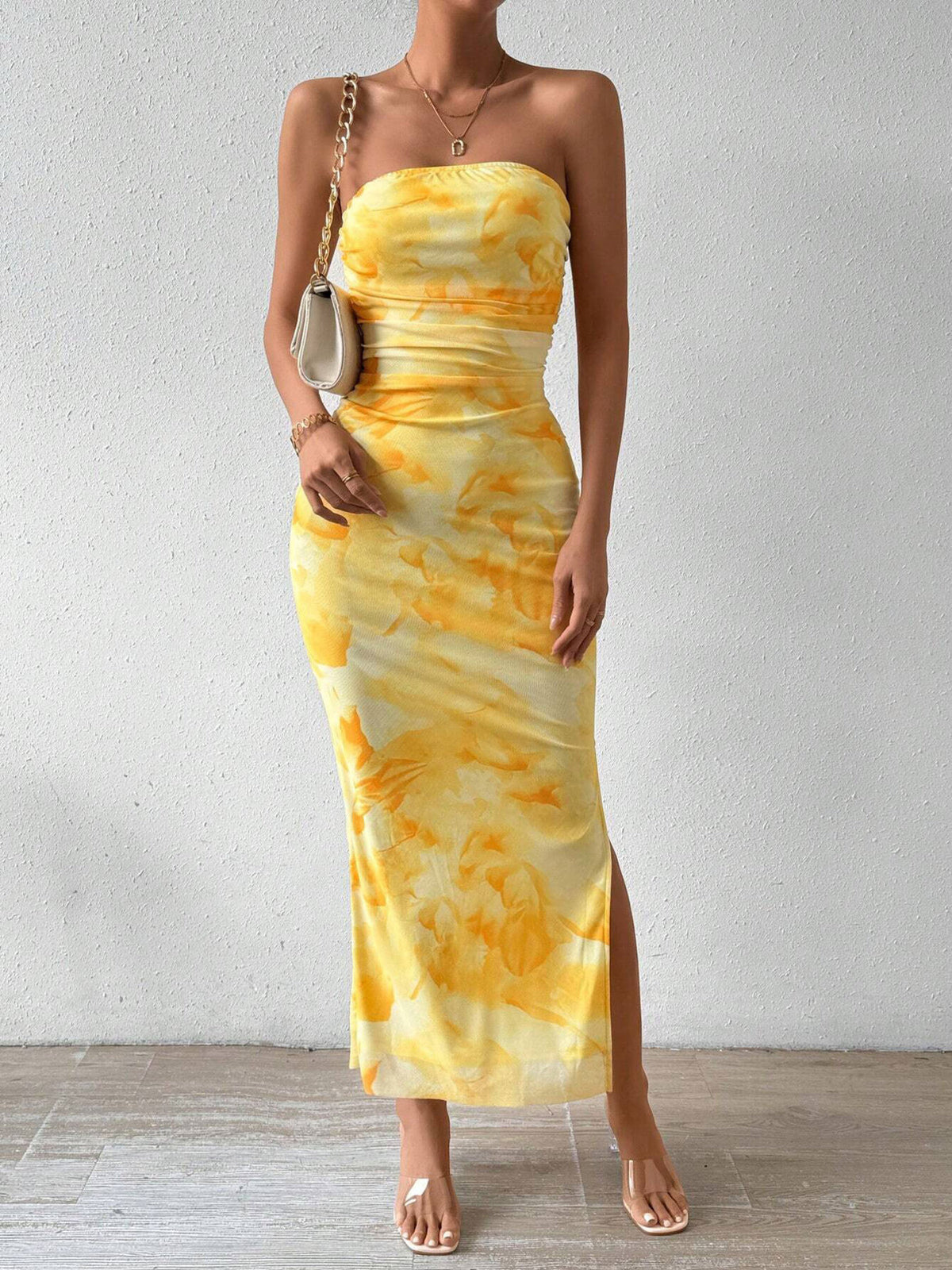 ruched strapless bodycon midi dress full length view