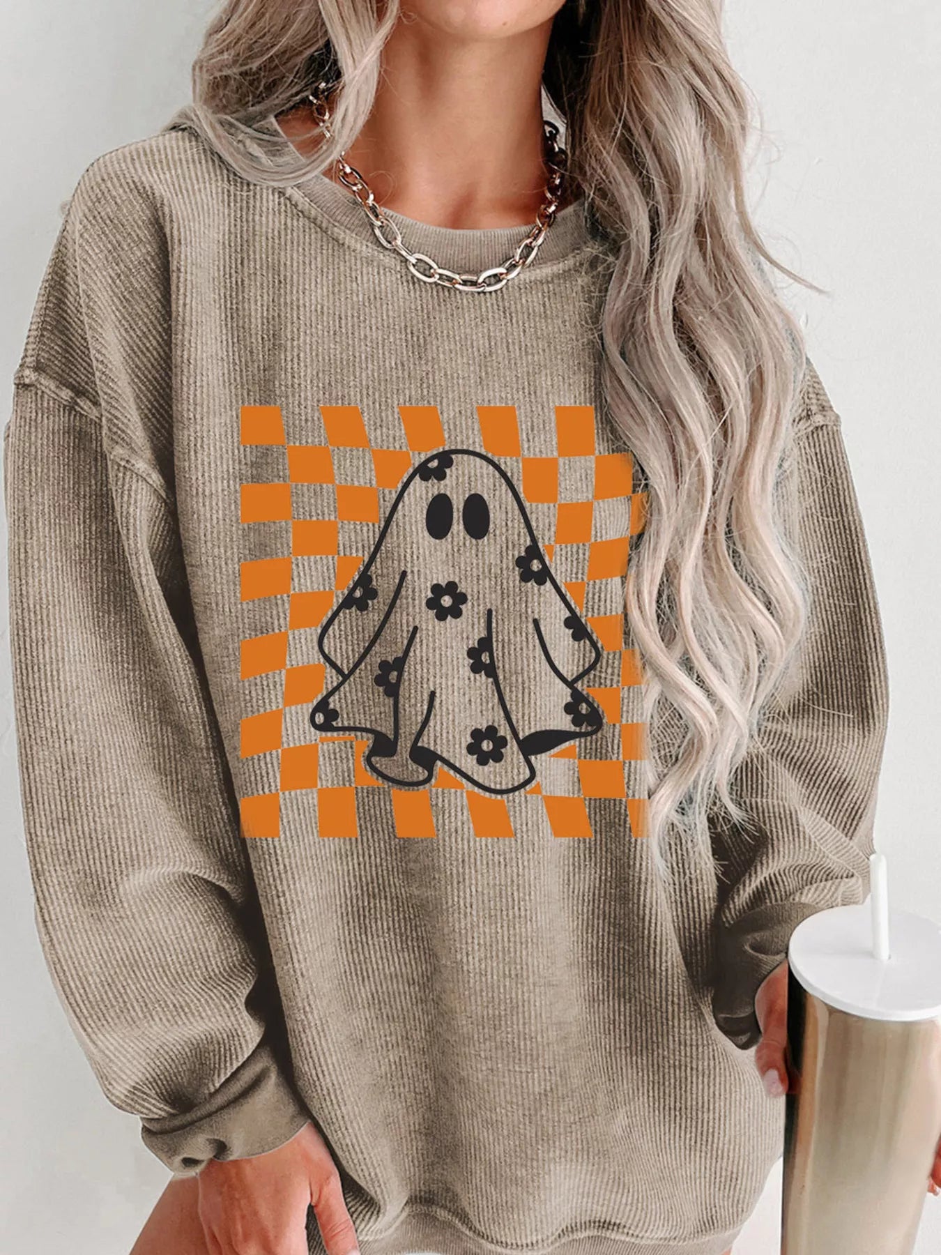 Halloween Checkerboard Floral Ghost Graphic Corded Sweatshirt - Fashorio