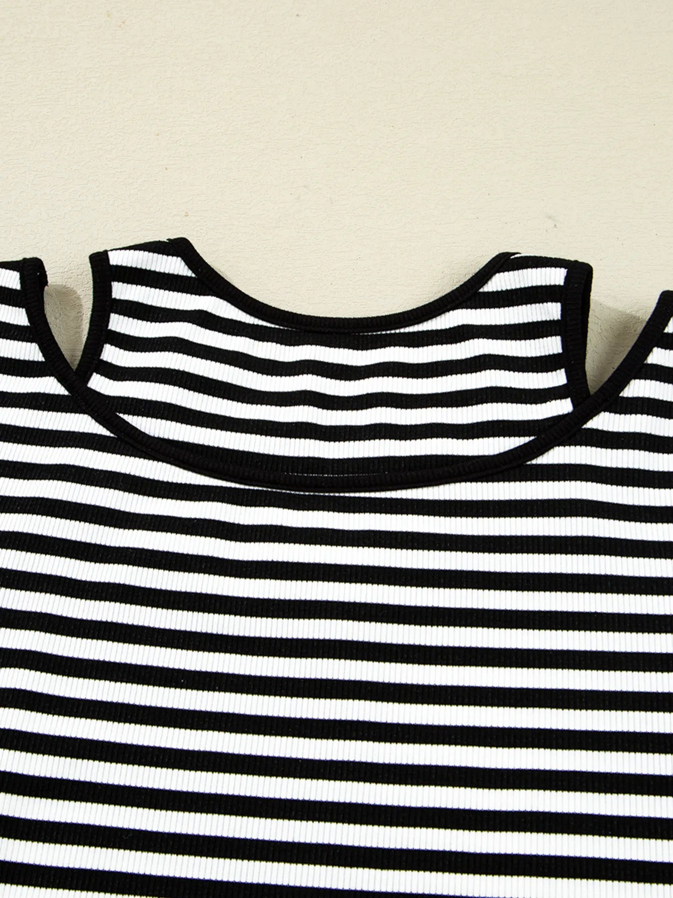 Stripe Double-layer Cold Shoulder Long Sleeve Top - Fashorio