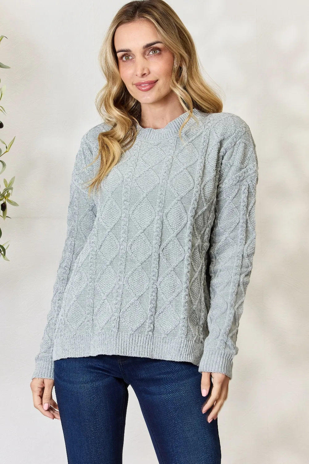 Cable Knit Round Neck Sweater in Dusty Sage side view