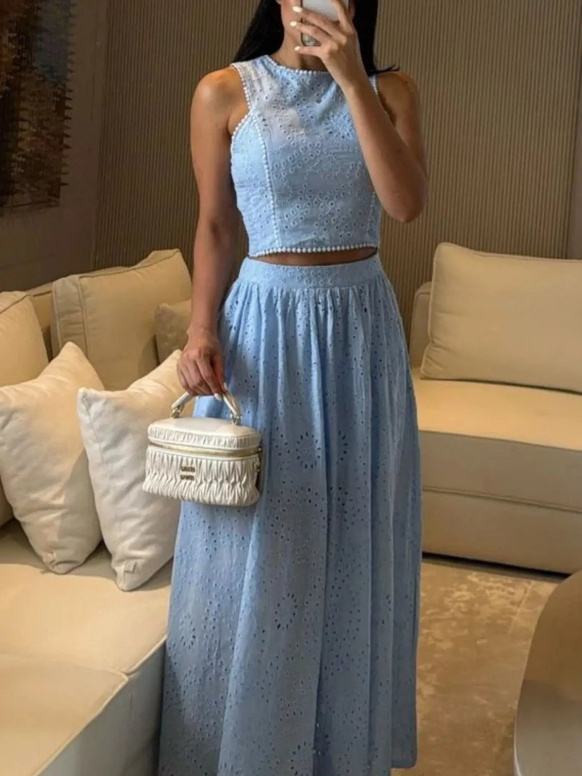 White eyelet top and maxi skirt coordinated set