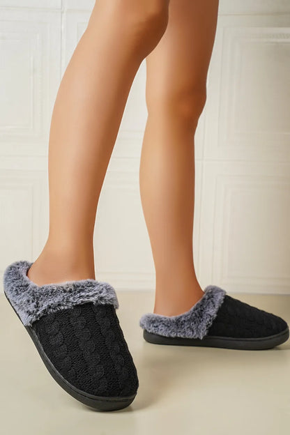 Cable-Knit Fluff Round Toe Slippers Black - Fashorio