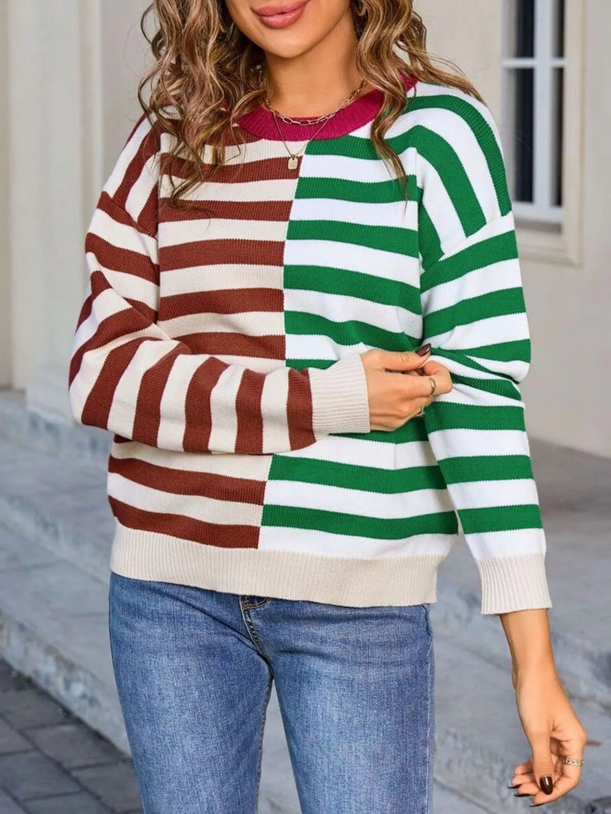 striped round neck sweater neckline detail