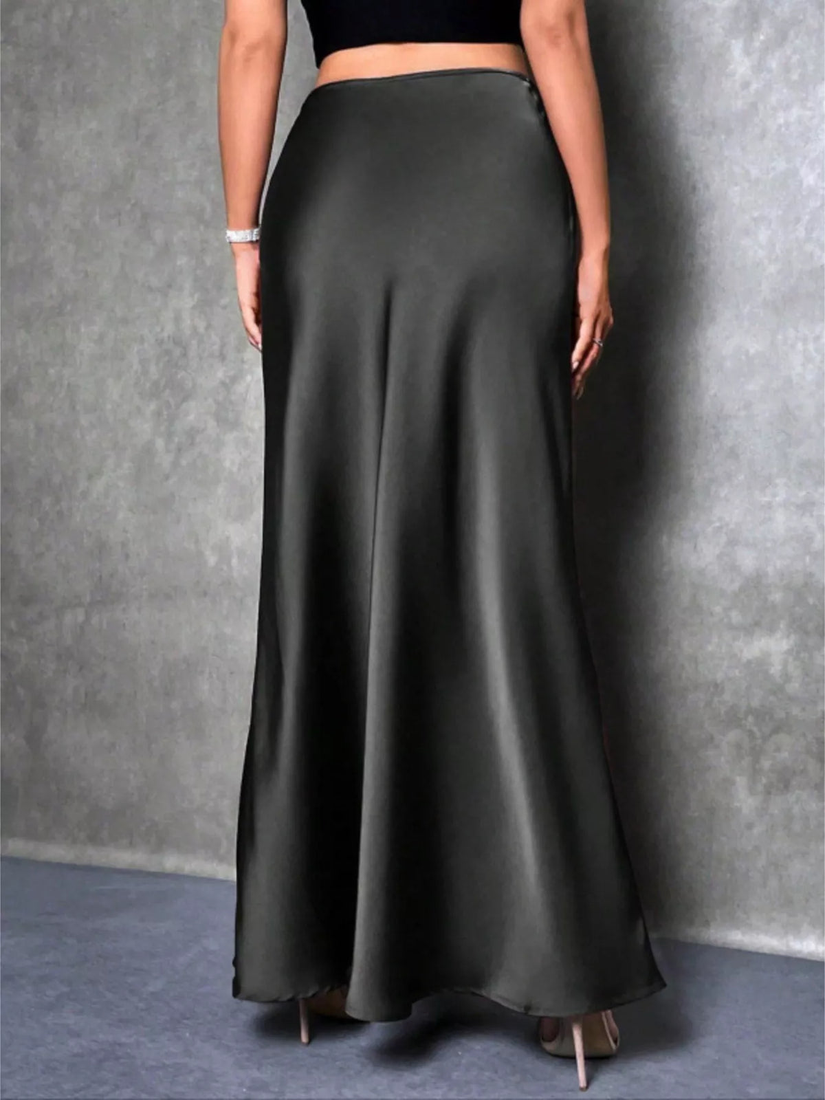 Black high waist satin maxi skirt, side view