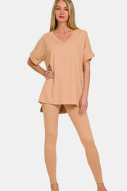 Zenana Full Size V-Neck Rolled Short Sleeve T-Shirt and Leggings Lounge Set DK Brush - Fashorio
