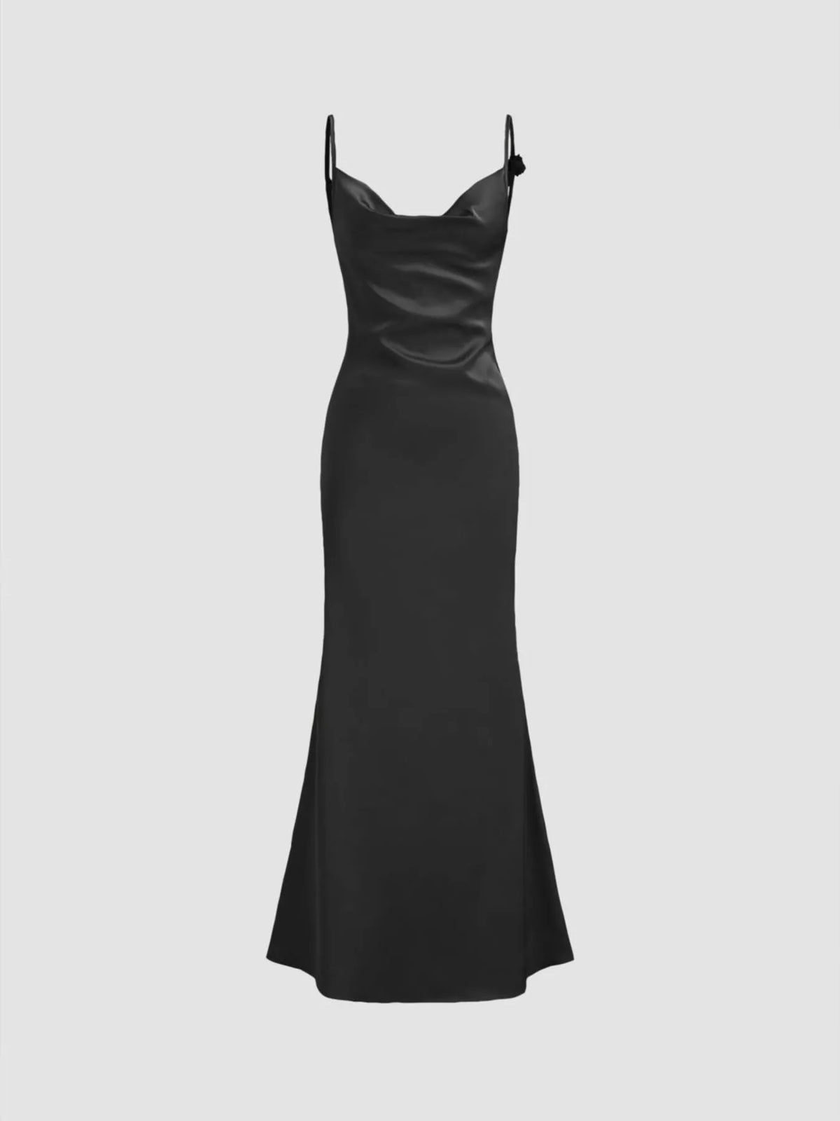 Side view of the long black satin maxi dress