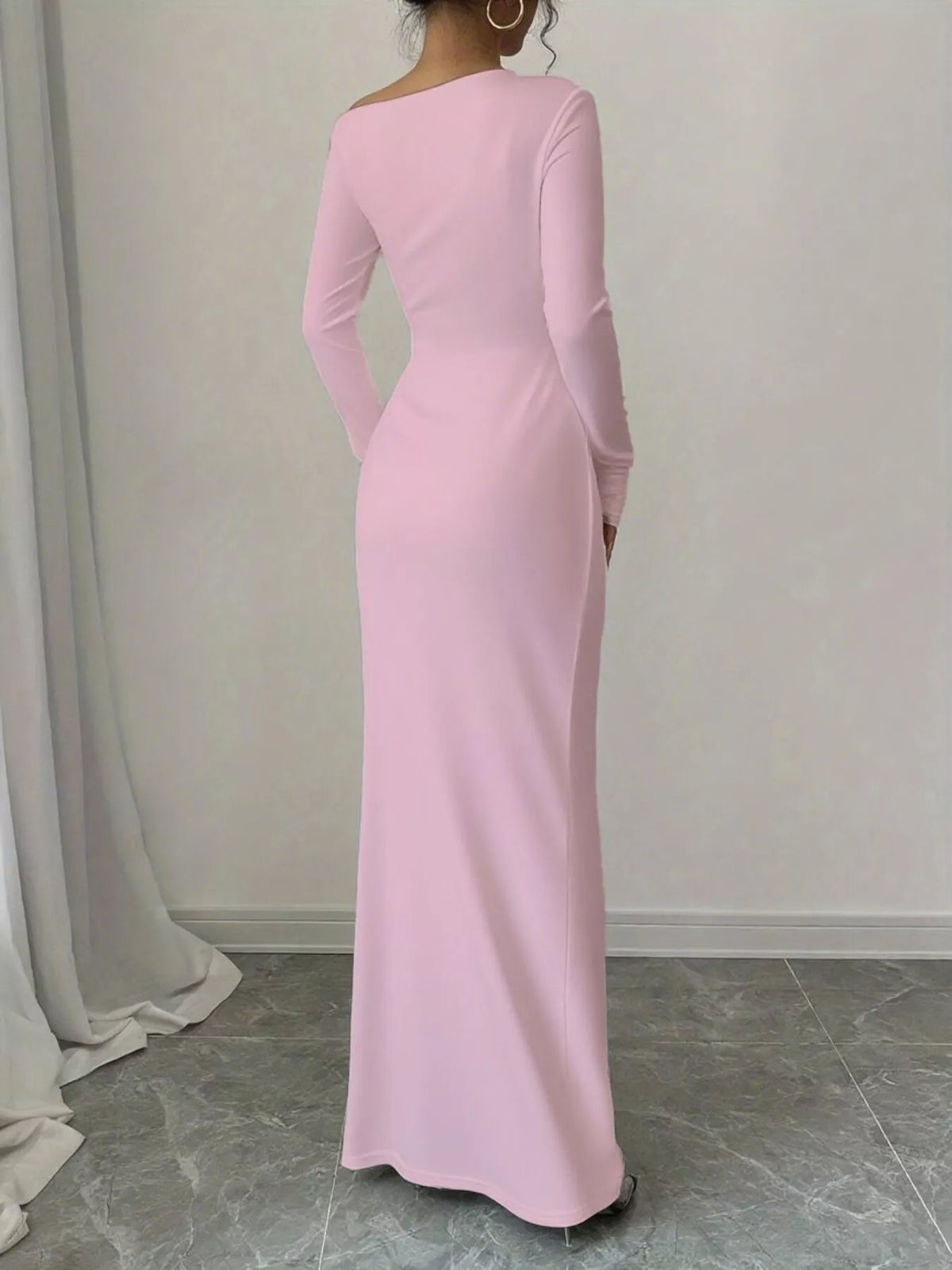 Ruched bodice close up on maxi dress