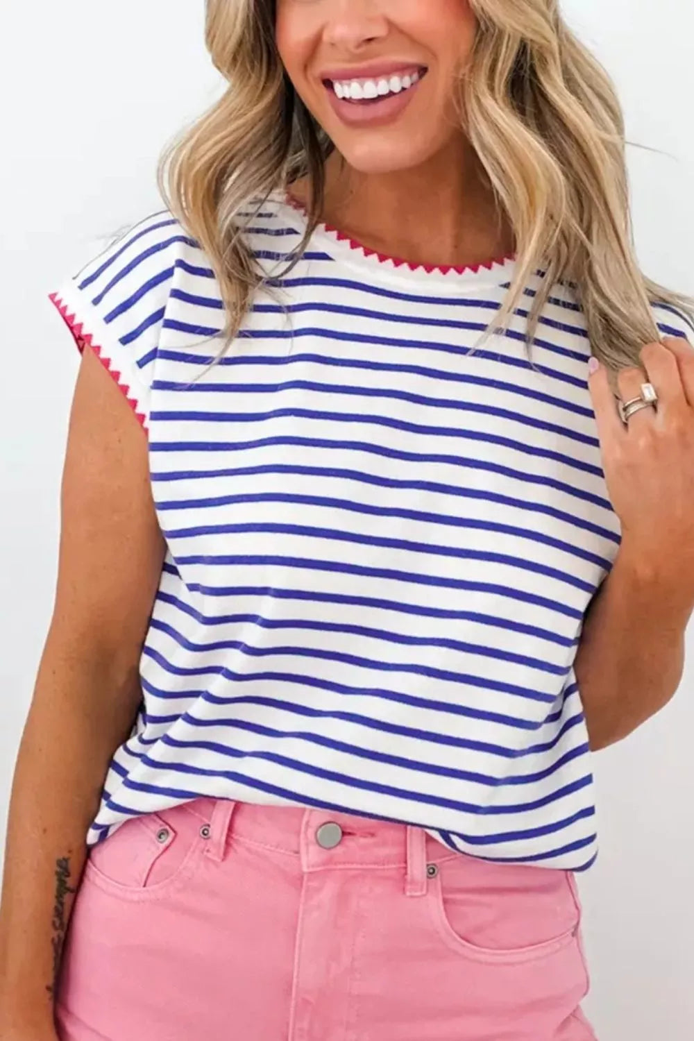 Striped contrast trim round neck cap sleeve tee side view