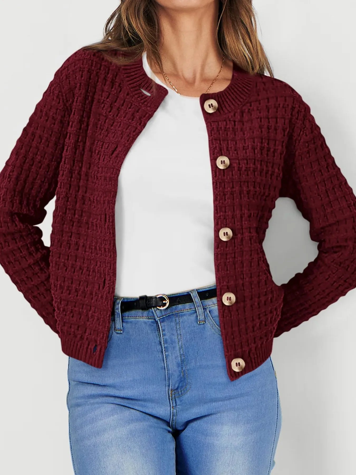 Textured Knit Button-Front Cardigan - Fashorio