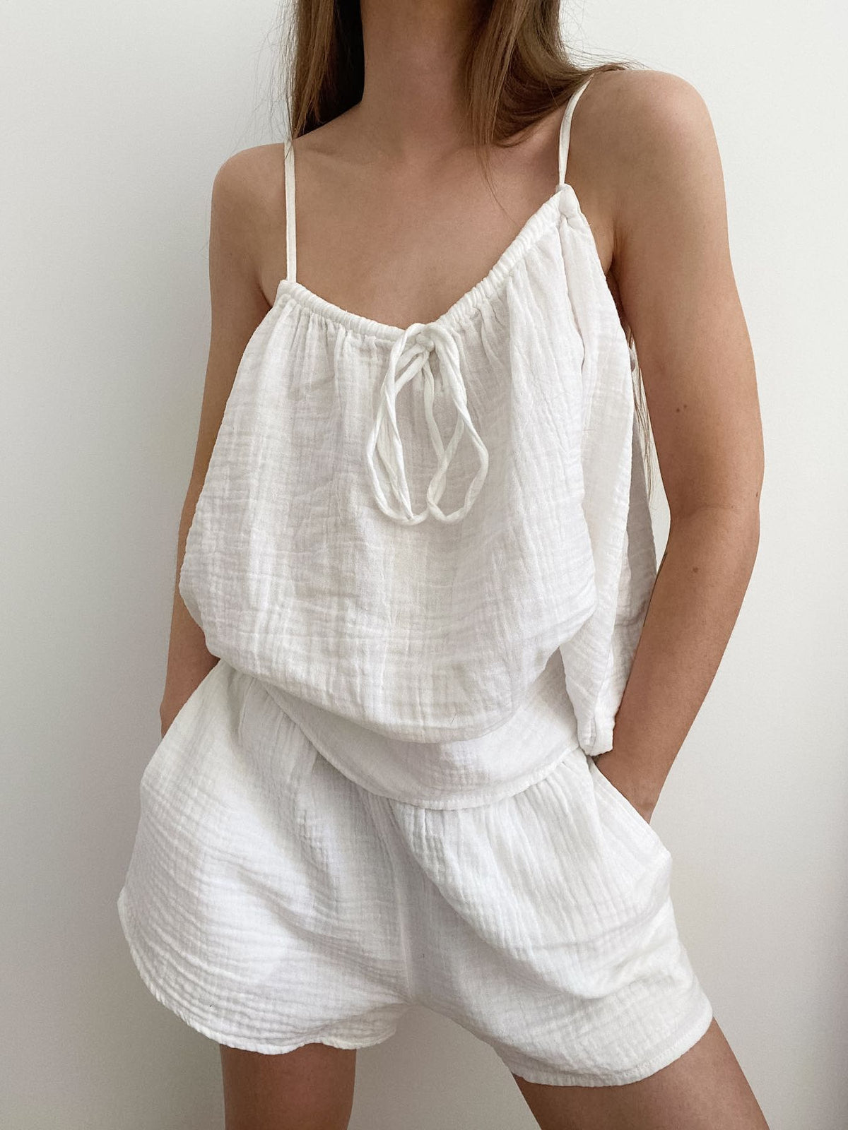 Coordinated tie front two piece shorts set back