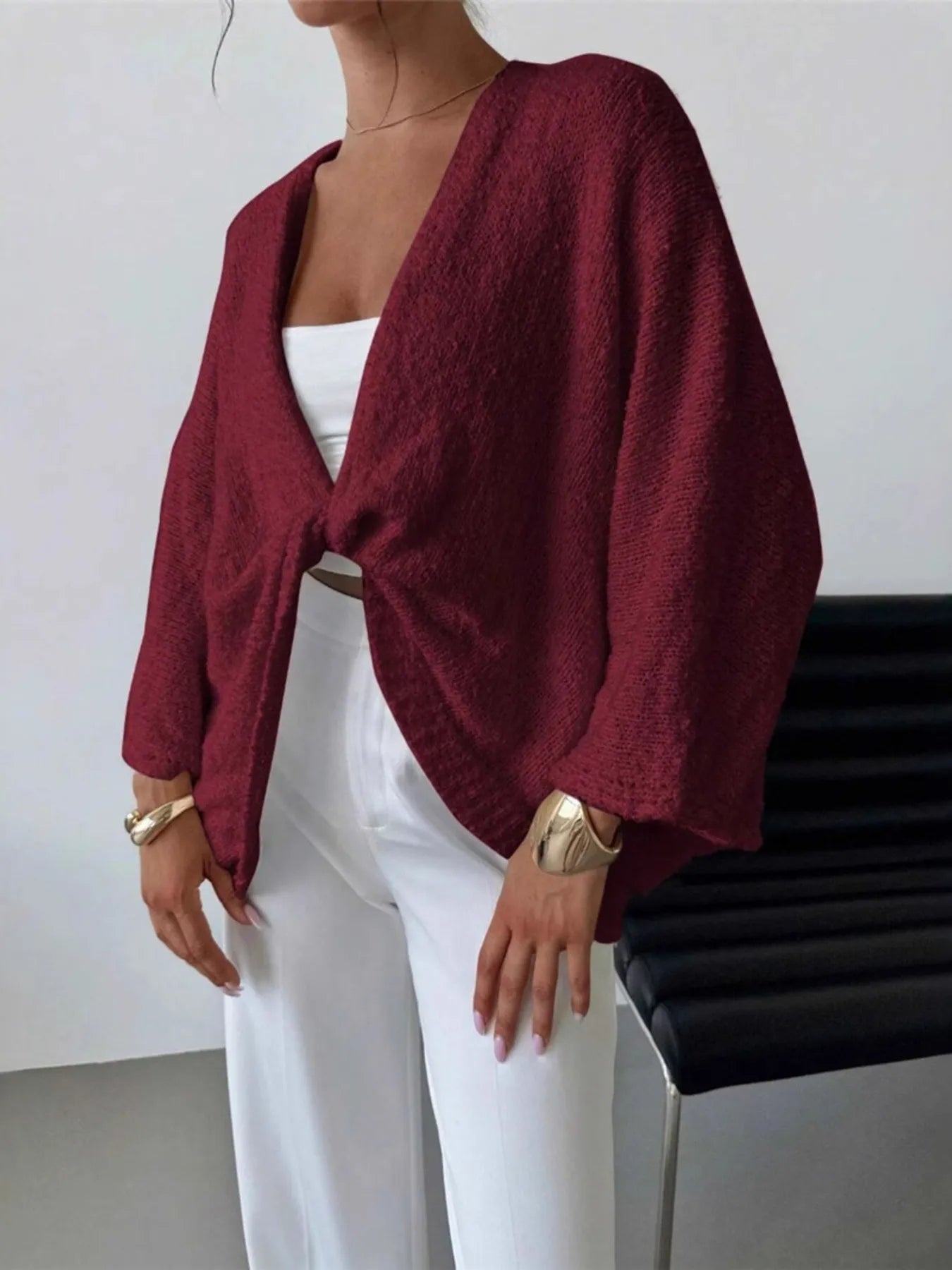 Twist-Front Textured Knit Cardigan - Fashorio