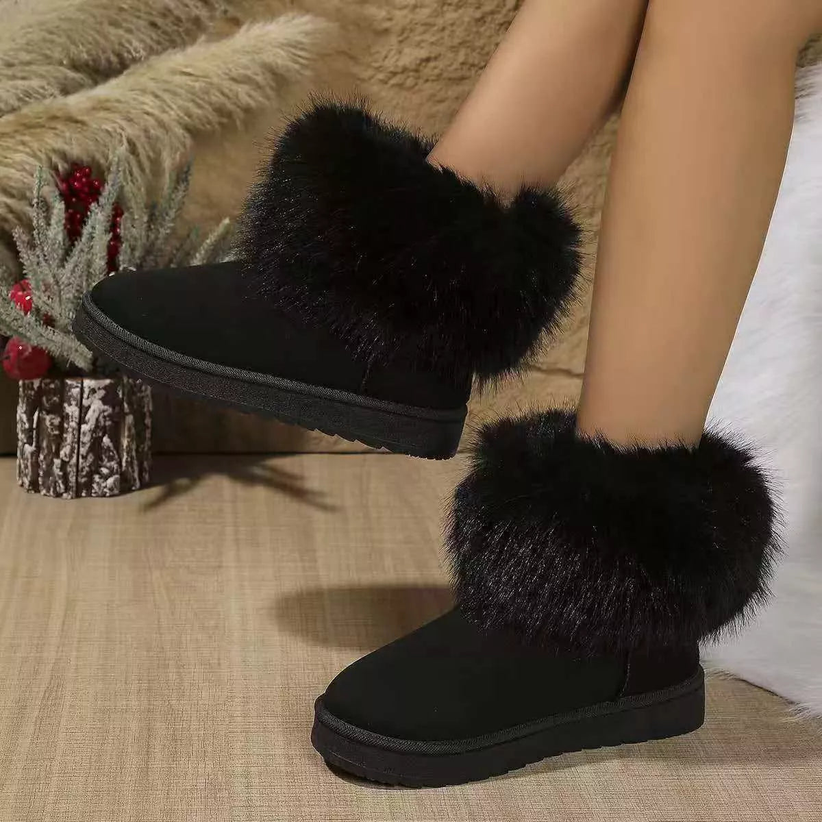 black fuzzy trim ankle boots front view