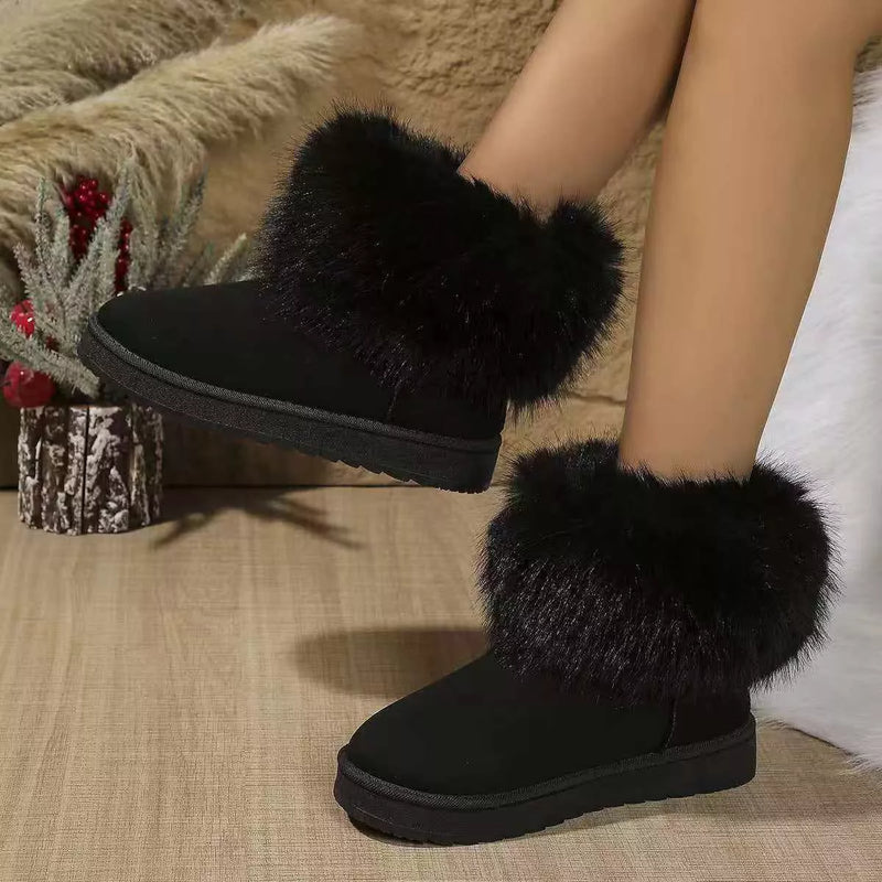 black fuzzy trim ankle boots front view