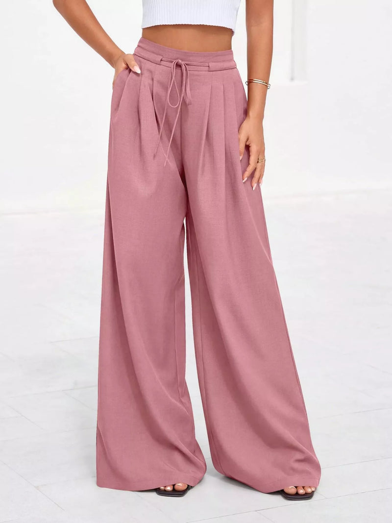 High waisted pleated wide leg trousers front view