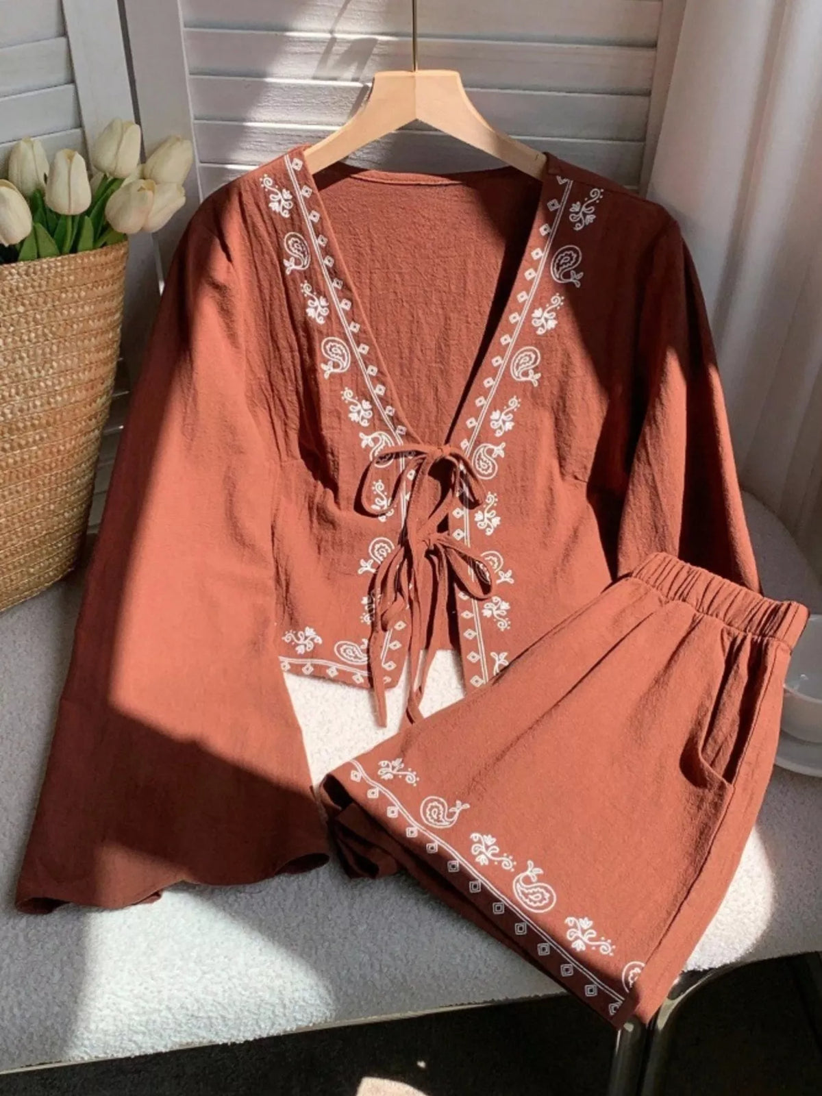 Embroidered Tie Front Top and Shorts Set, view 9