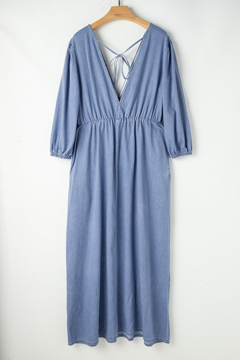 Blue chambray maxi dress high waist detail