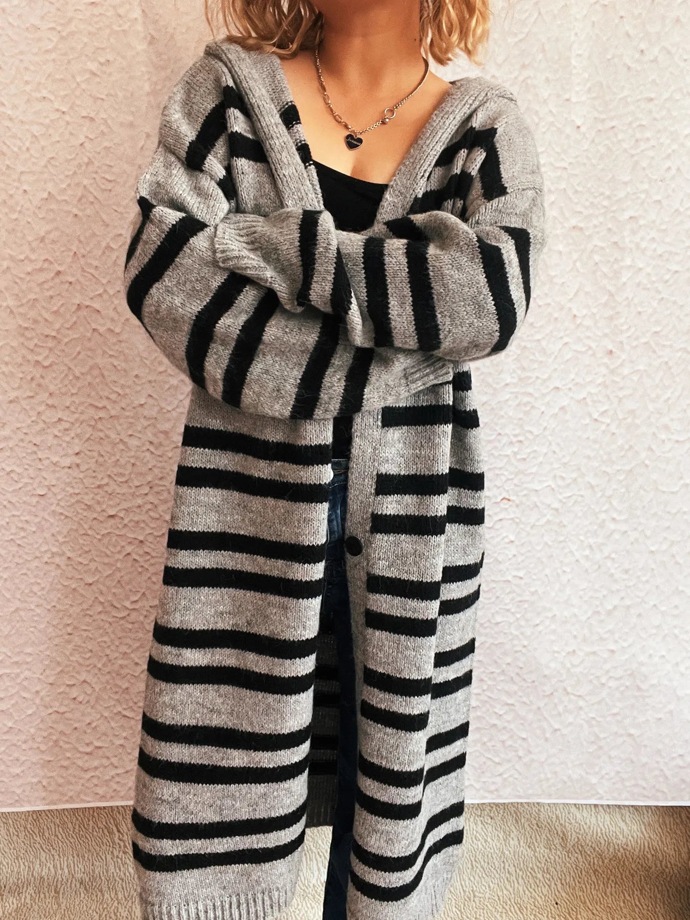 Striped Open Front Hooded Cardigan - Fashorio