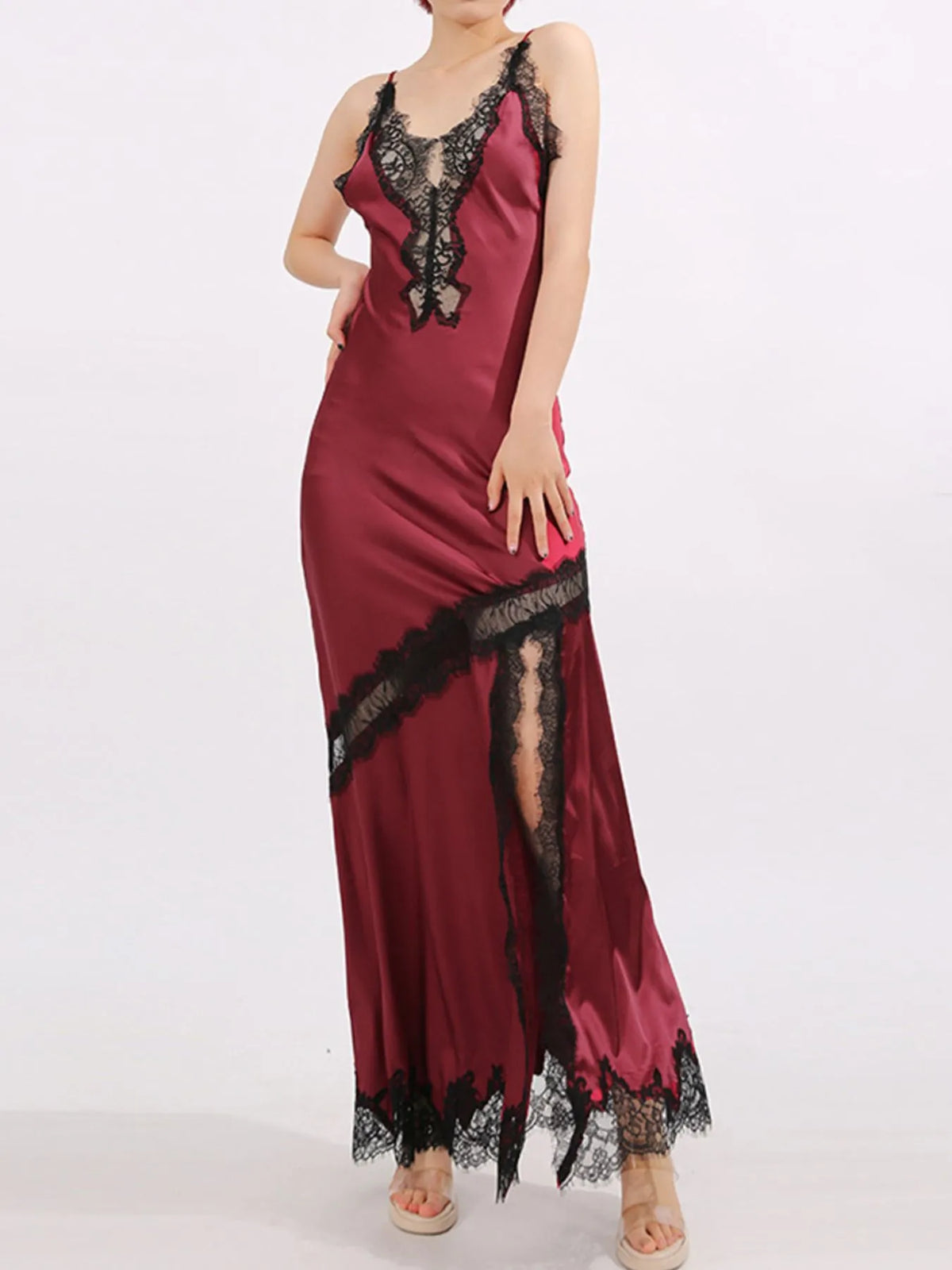 Burgundy slit lace detail maxi cami dress front view