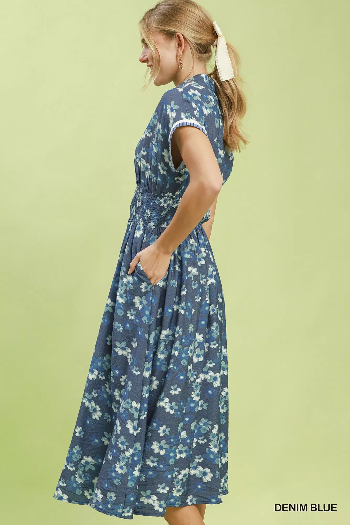 Denim blue shift dress ruffle sleeve detail