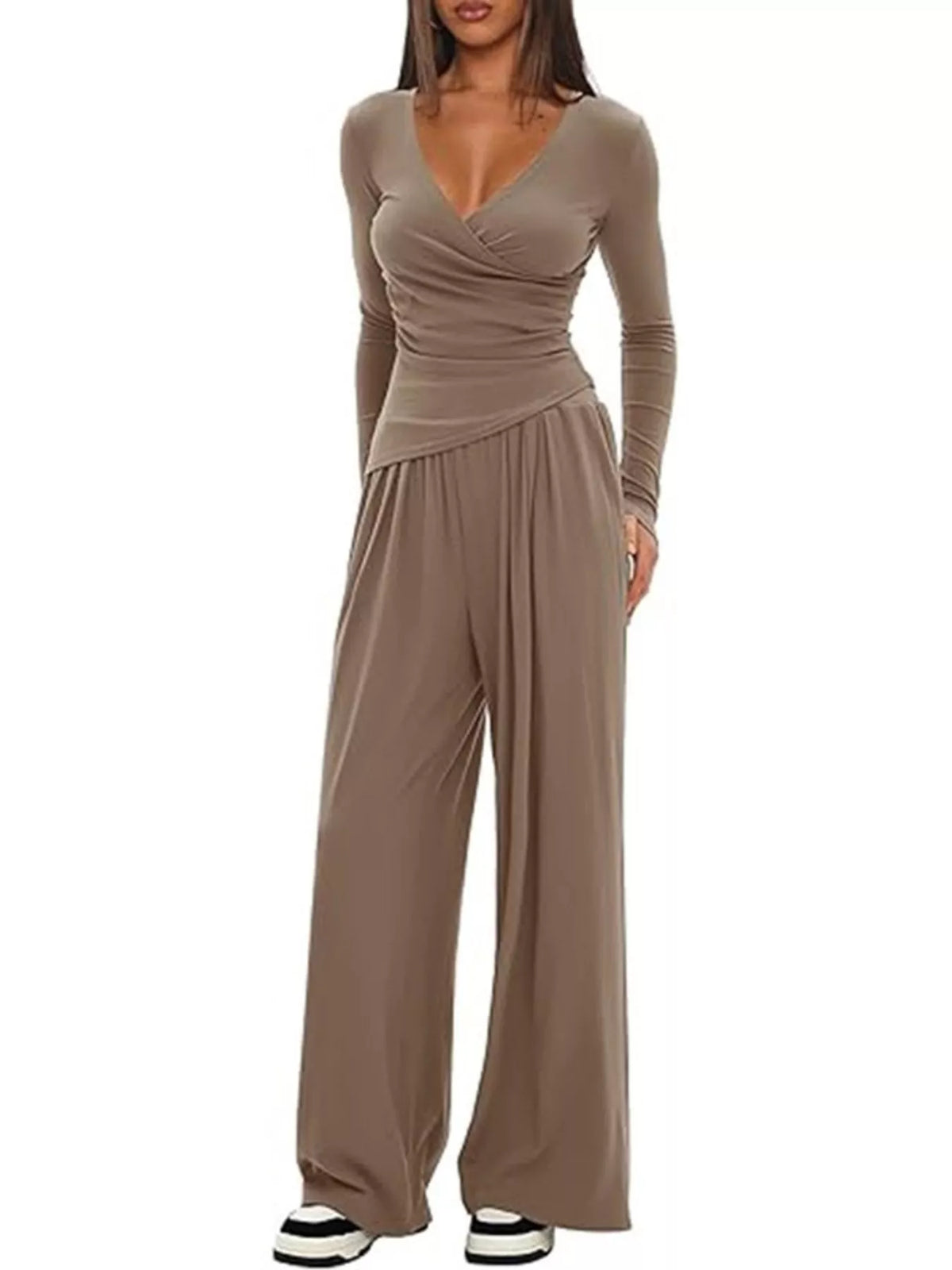 Long sleeve top and wide leg pants two piece set full look