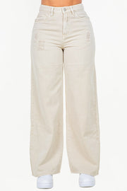 American Bazi High Waist Distressed Wide Leg Jeans Beige - Fashorio