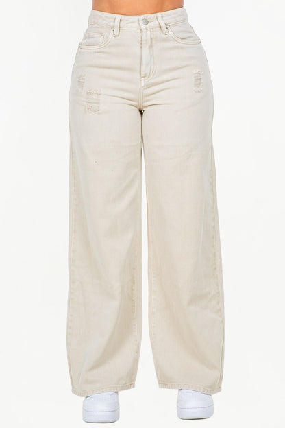 American Bazi High Waist Distressed Wide Leg Jeans Beige - Fashorio