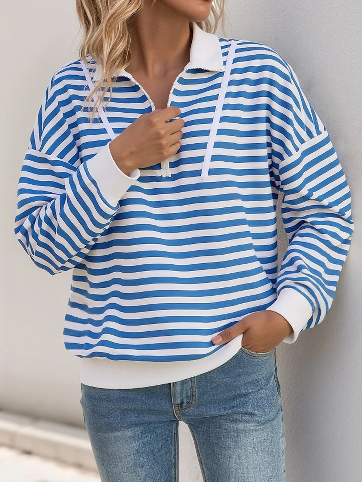 Quarter zip striped hoodie with drawstring hood