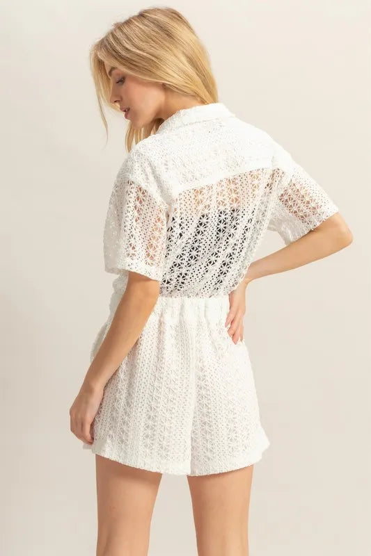 White crochet romper button detail