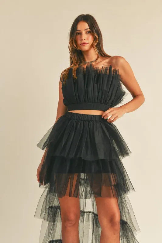 MABLE Tulle Tube Ruffle Crop Top and High Low Maxi Skirt Set - Fashorio