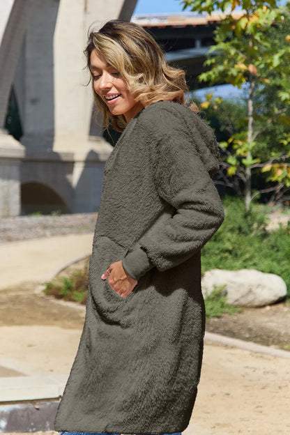 Double Take Full Size Hooded Teddy Bear Jacket with Thumbholes - Fashorio