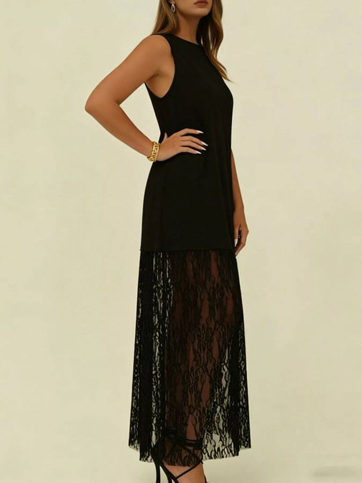 Black plus size sleeveless lace trim maxi dress back view