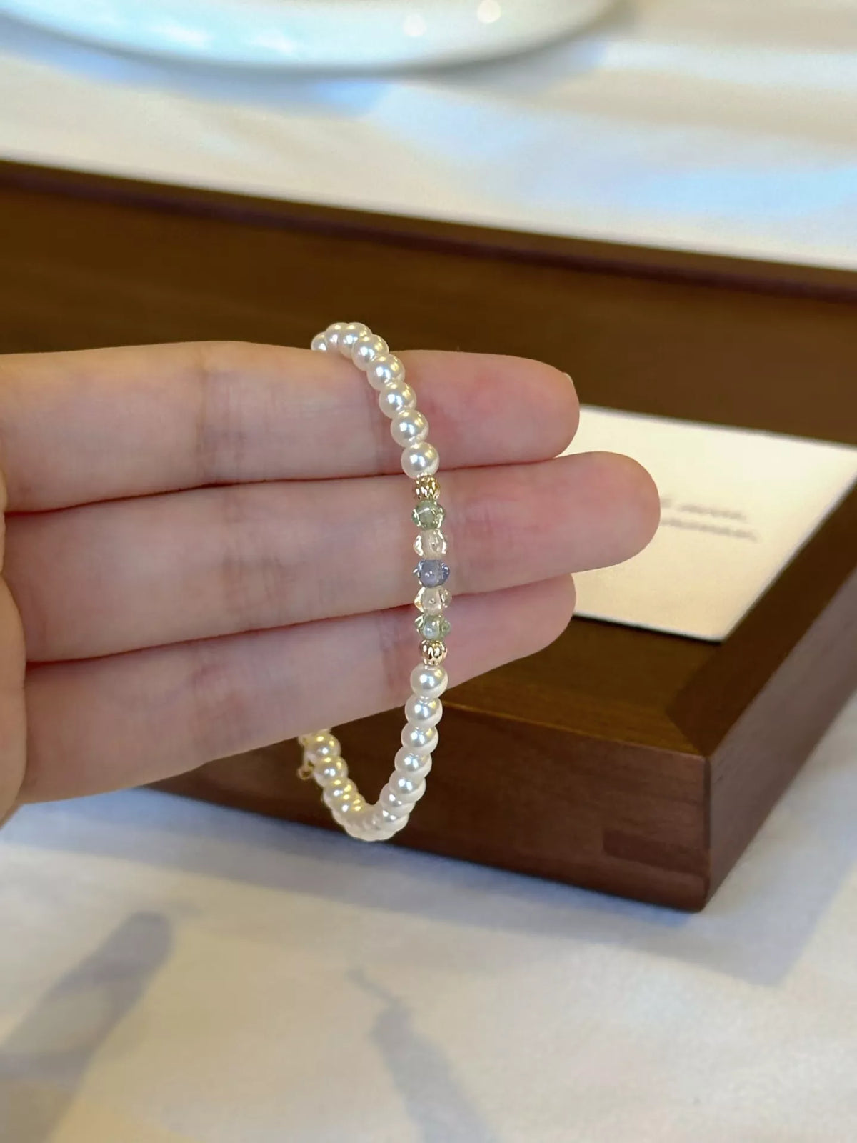 Gold plated pearl bracelet close up view