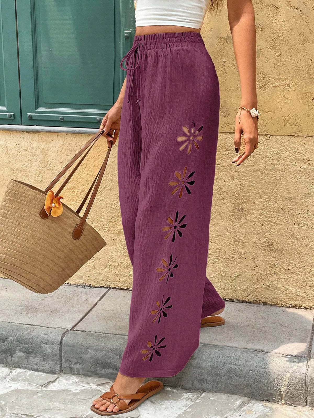 Apricot casual wide leg drawstring pants front view