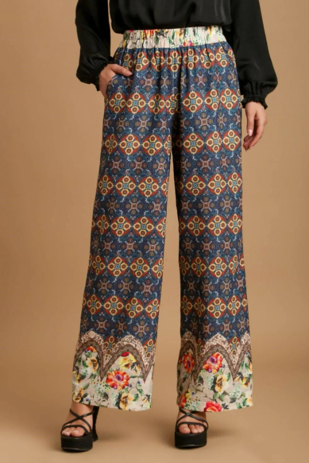 Umgee Full Size Mixed Print Elastic Waistband Pants Plus Size TEAL MIX - Fashorio