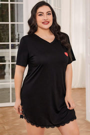 Plus Size Lace Trim V-Neck Short Sleeve Night Dress Black - Fashorio